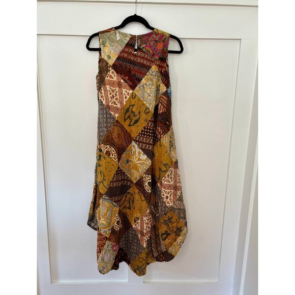 NEW NWT Jaded Gypsy Patchwork Midi Dress High Neck Gold/Brown Size S/M - Picture 2 of 4